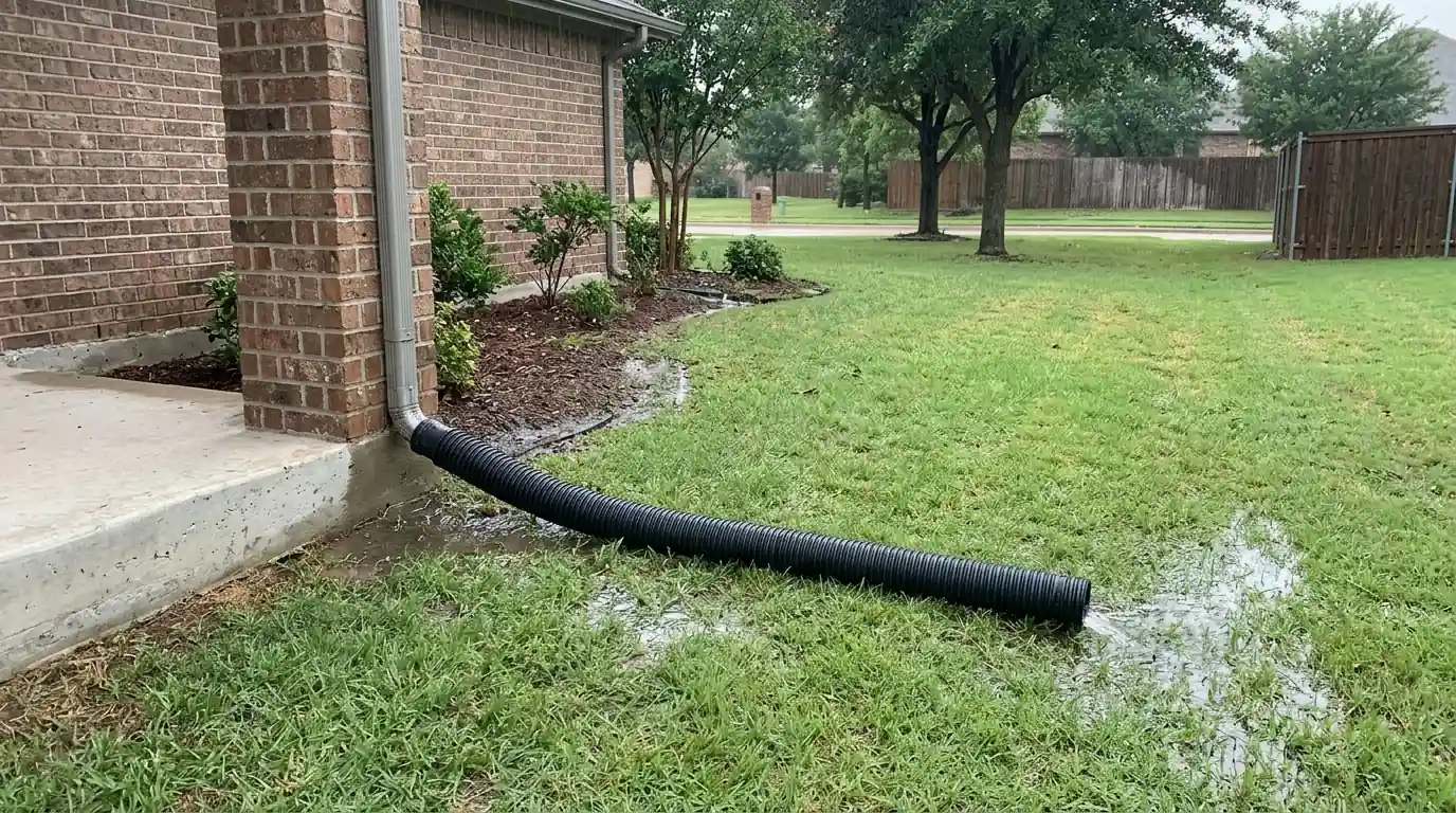 Downspout extension carrying water away from a slab