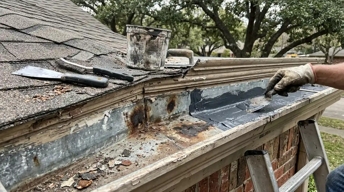 Close view of a worn metal lining in an old built-in box gutter