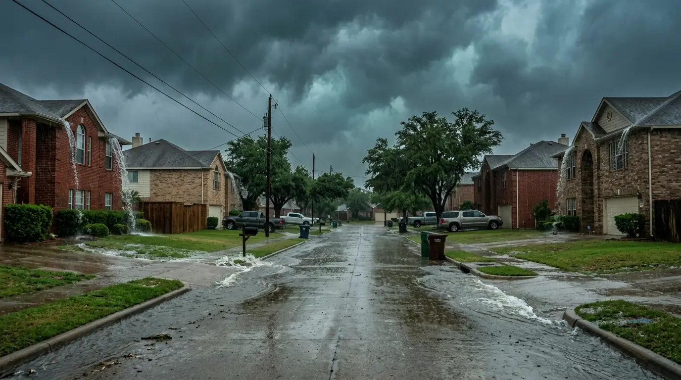 Dallas street of brick homes under dark spring storm clouds