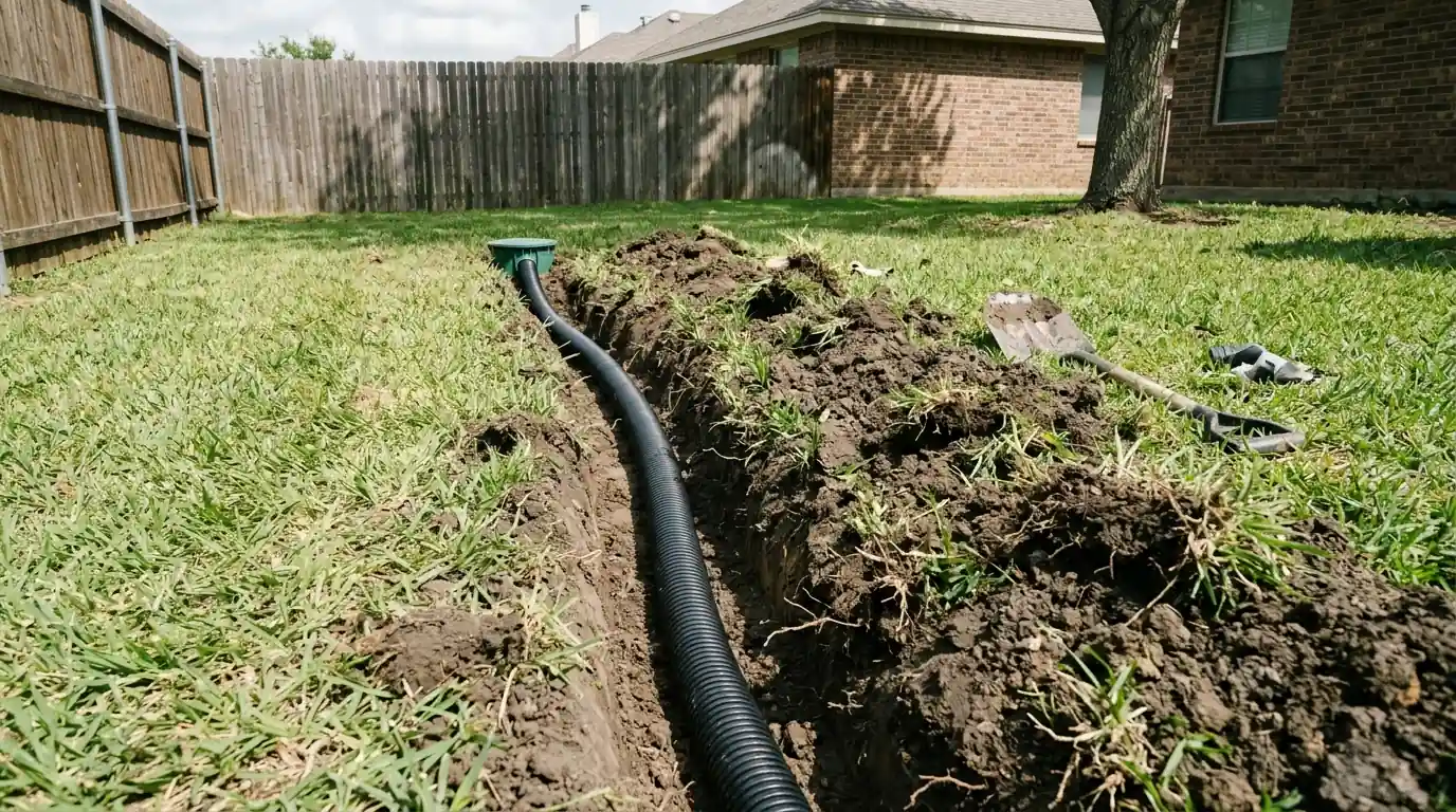 Downspout and extension directing water away from a Dallas foundation