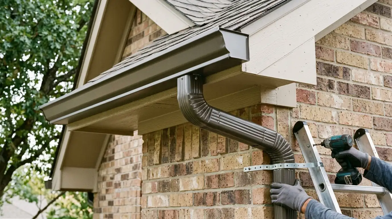 Close view of a 3x4 downspout outlet on a 6-inch gutter