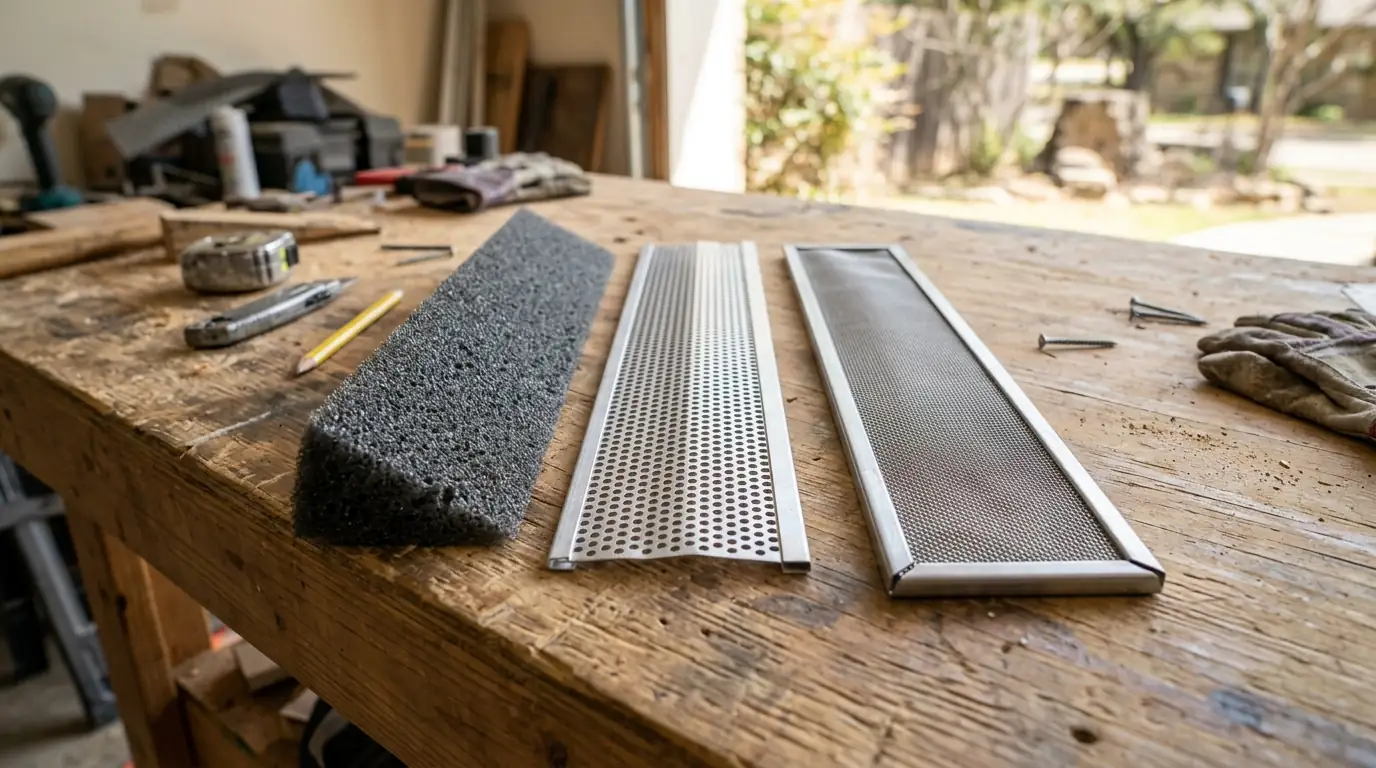 Mesh, screen and foam gutter guard samples