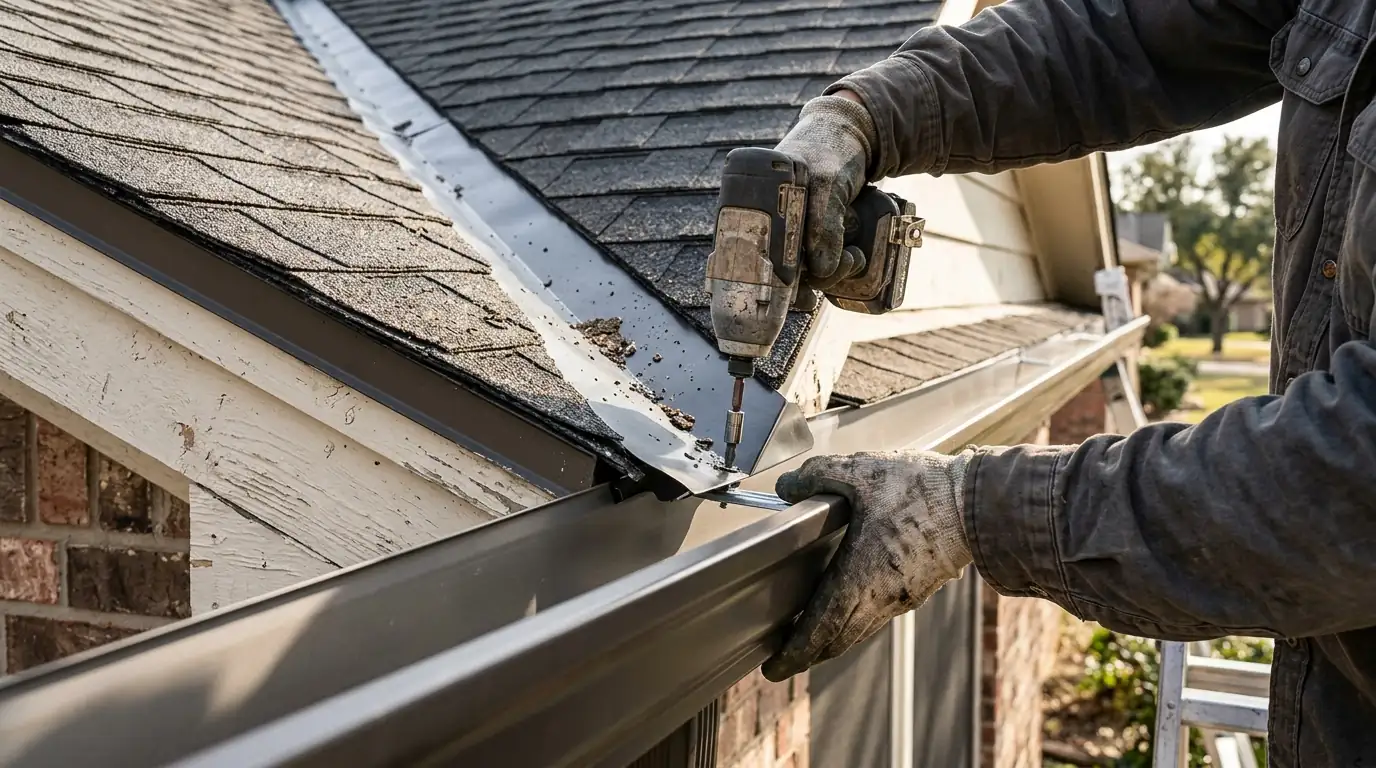 Roof valley pouring into an oversized gutter corner on a Dallas home