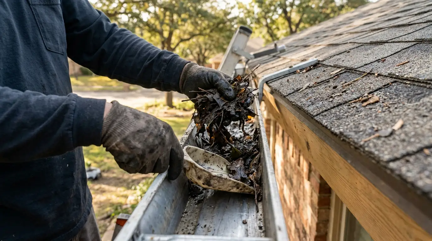 Close view of a clogged scupper on a flat commercial roof in Dallas