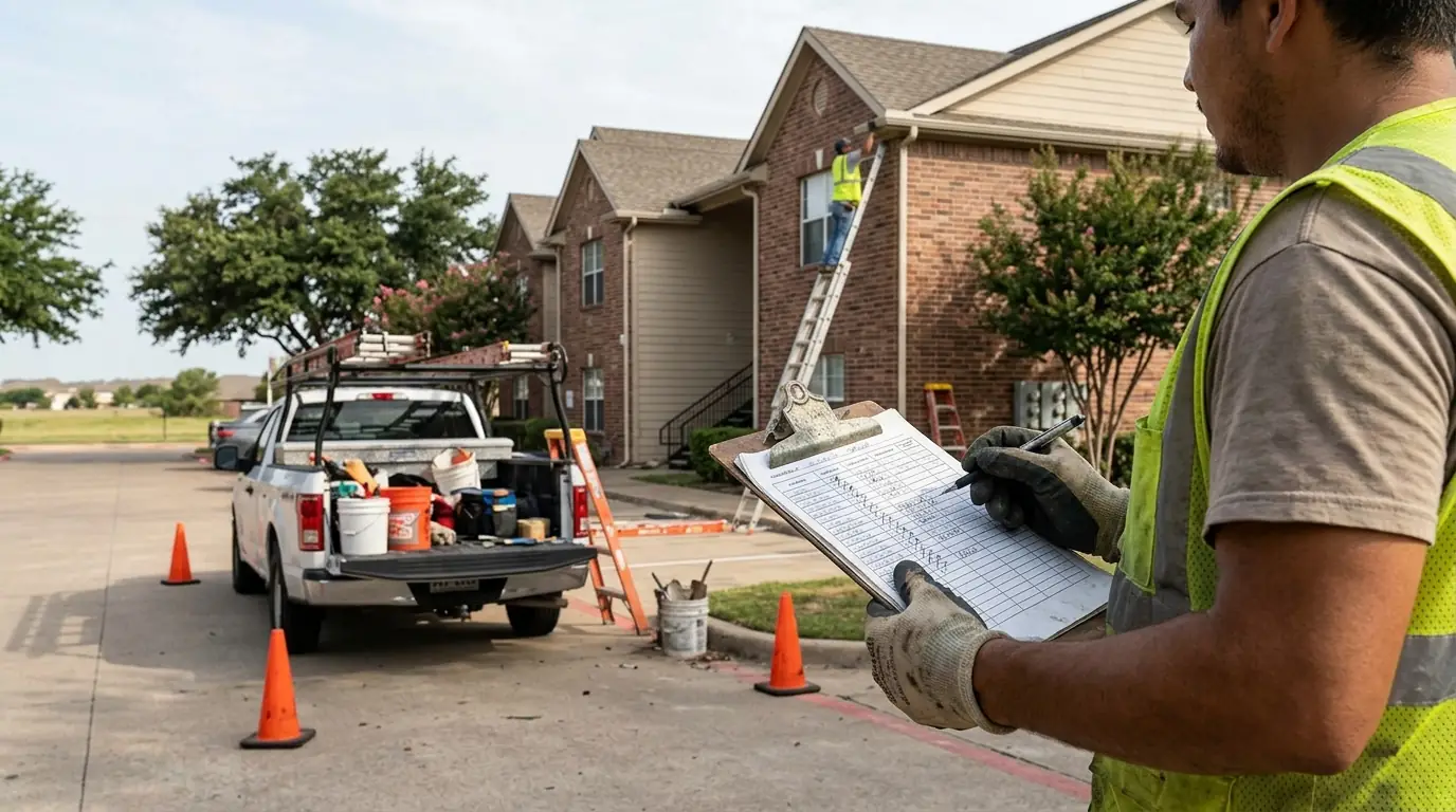 Close view of a gutter crew cleaning apartment building gutters in Dallas