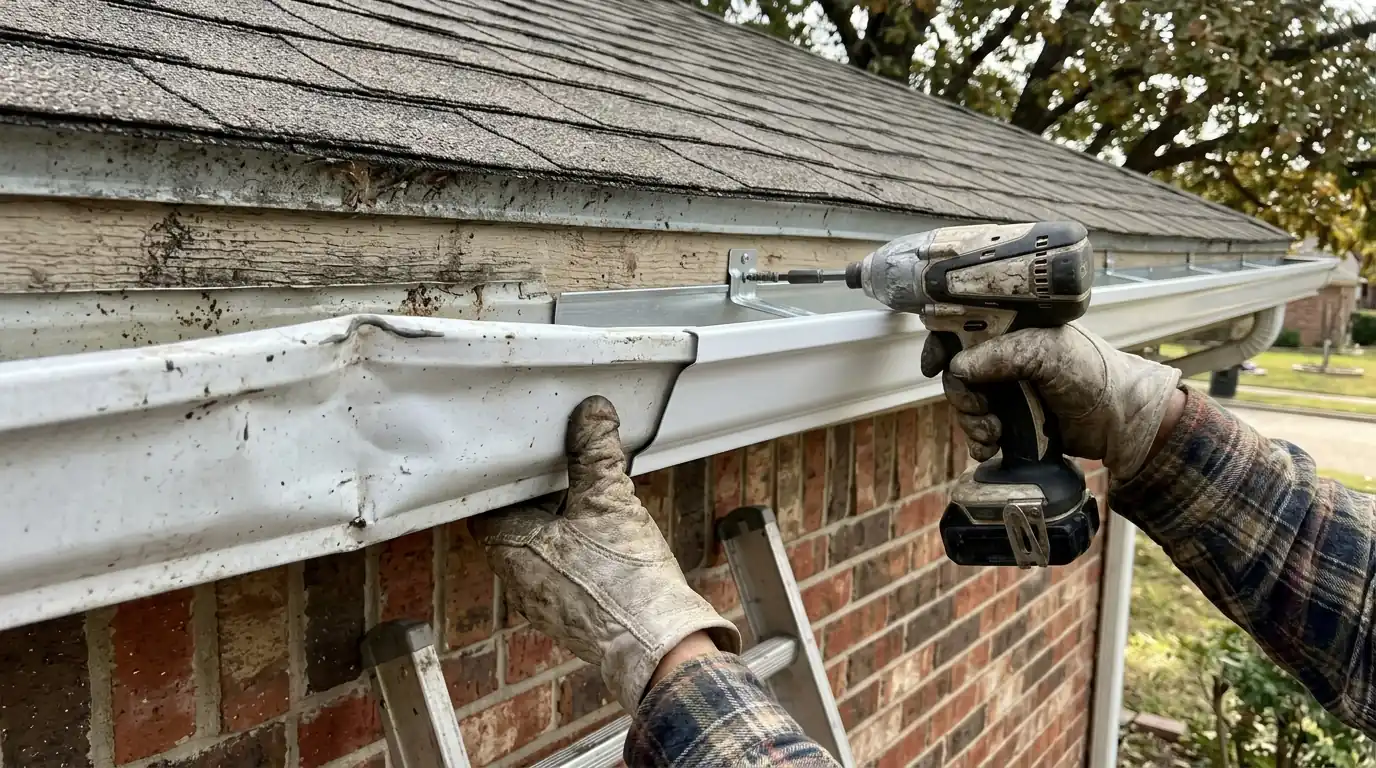 Close view of a dented K-style gutter section on a Dallas house