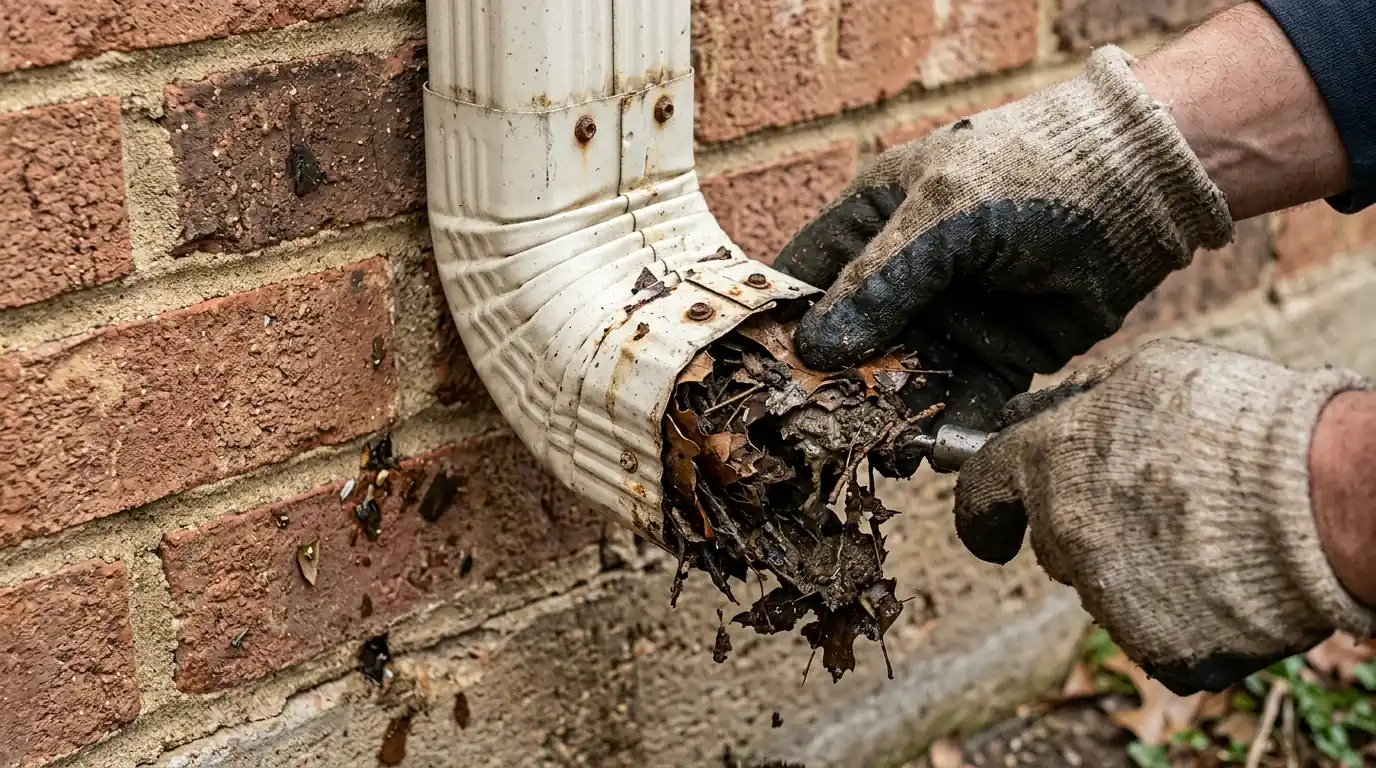 Close view of a packed downspout elbow full of leaves on a Dallas house