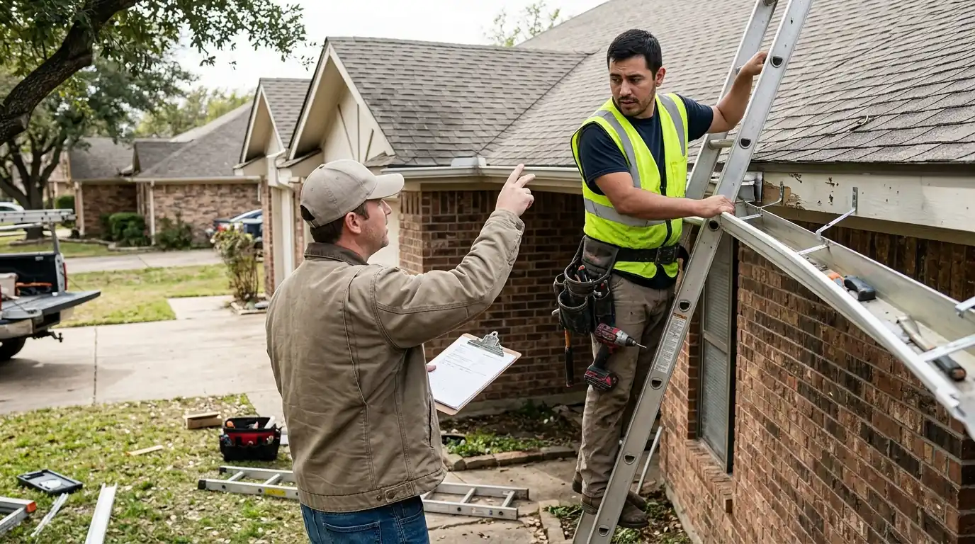 Close view of gutters stacked on a lawn during a Dallas roof replacement