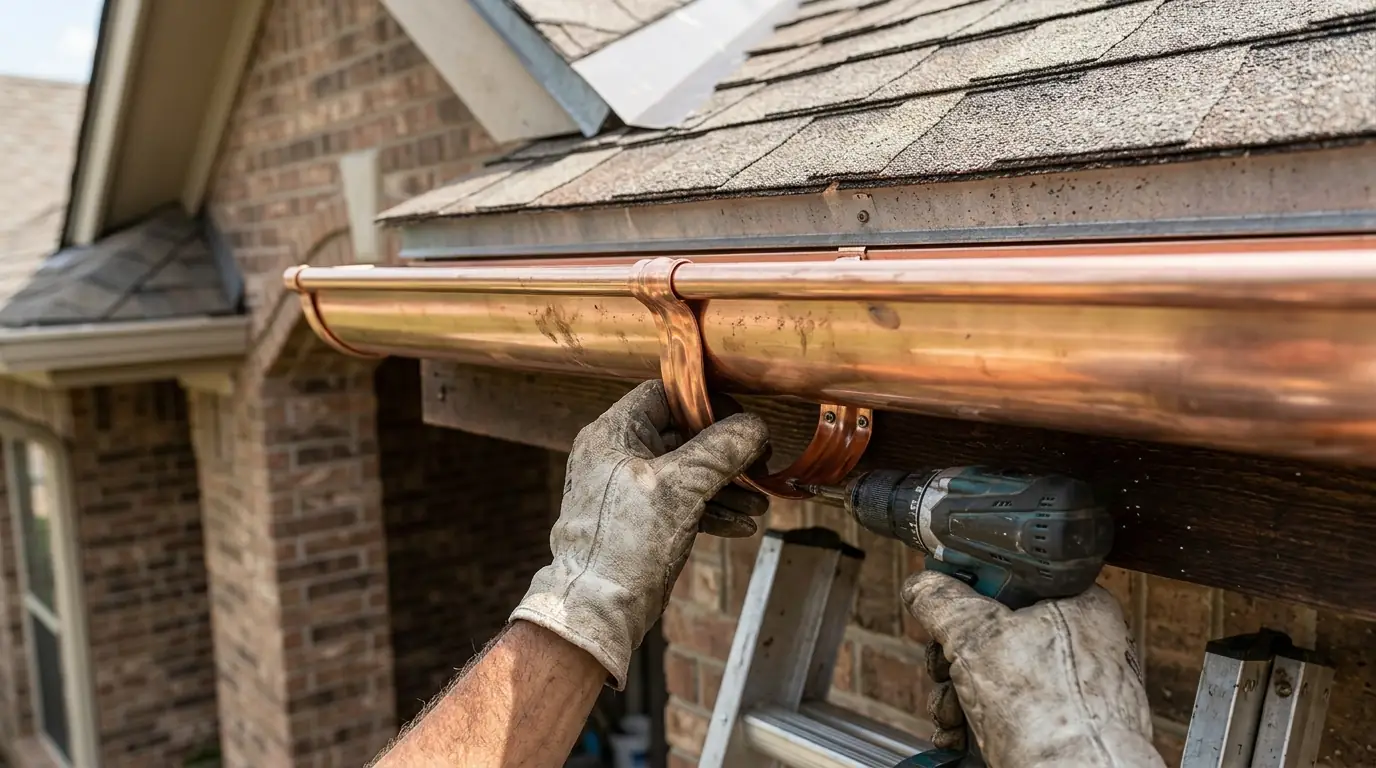 Close view of soldered copper gutter miter and outlet on a Dallas home