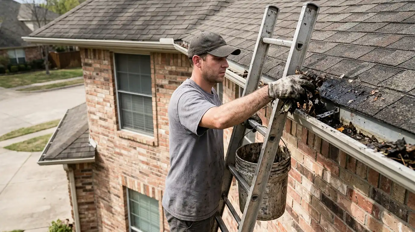 Technician flushing a downspout with a hose after cleaning gutters