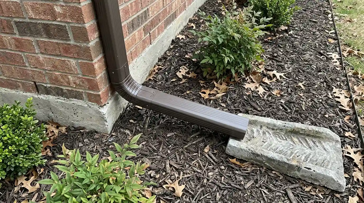 Close view of a hinged downspout extension lowered onto a Dallas lawn