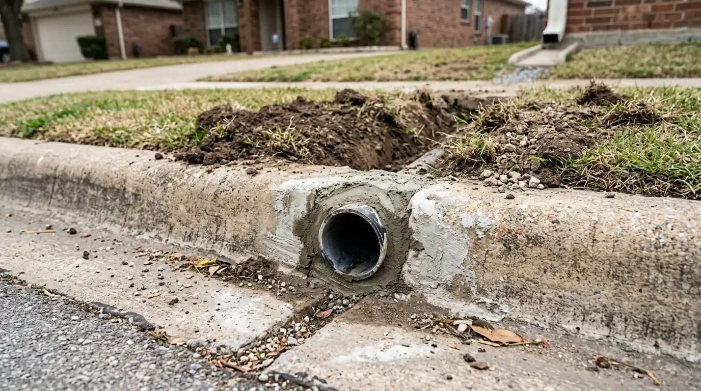 Downspout connected to a buried drain line with a cleanout cap
