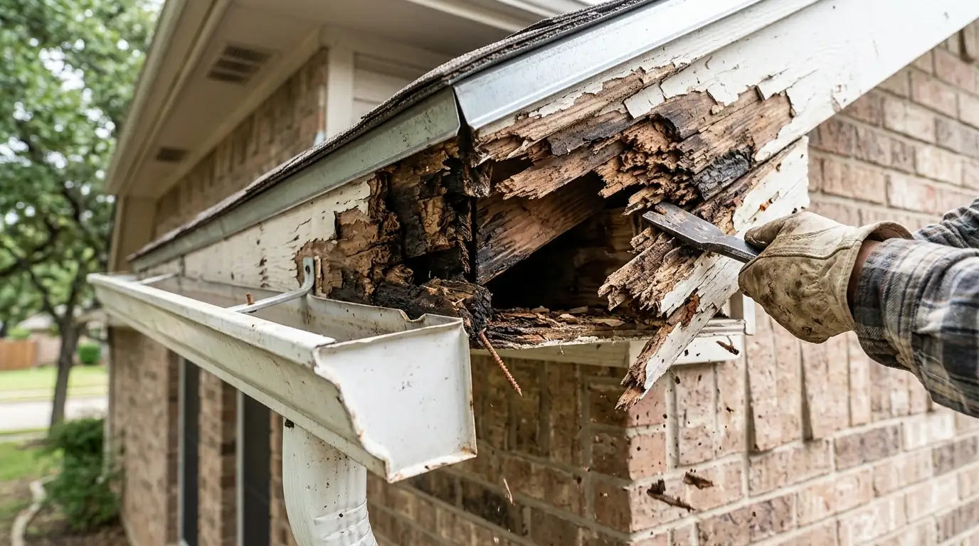Close view of soft rotted fascia wood behind a removed gutter