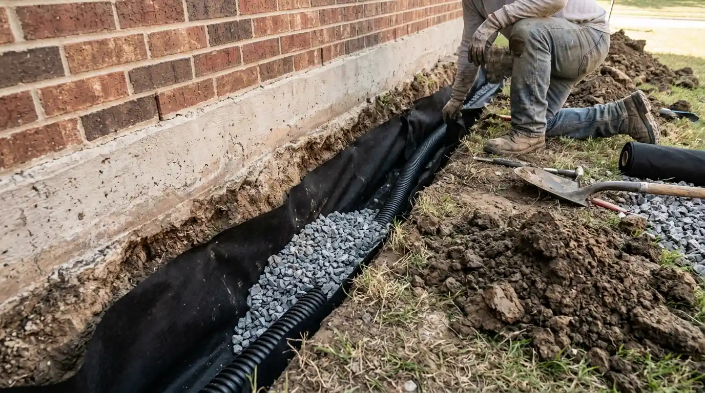 French drain outlet with a rock apron on a sloped Dallas lot