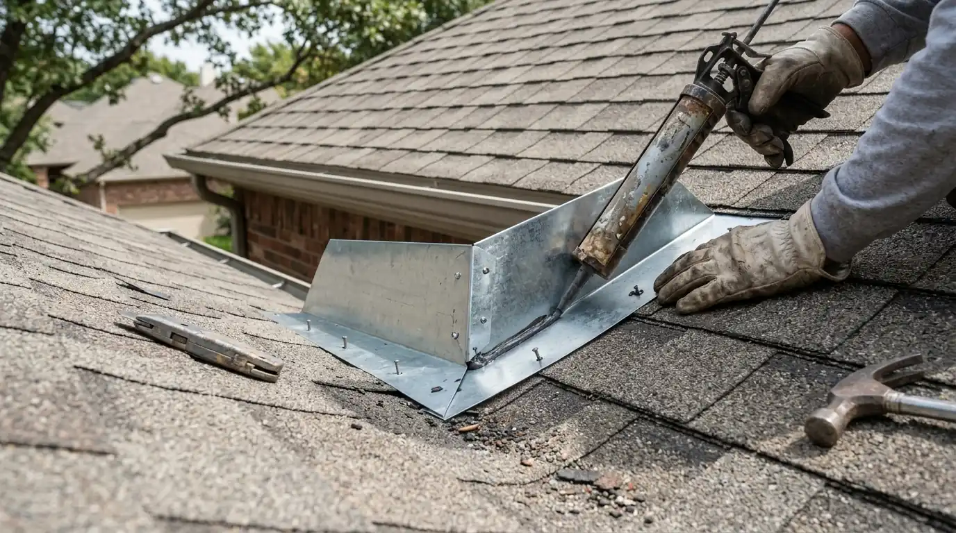 Close view of kickout flashing where a roof edge meets a brick wall