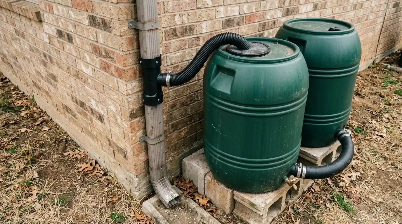 Close view of a downspout diverter feeding a rain barrel in Dallas