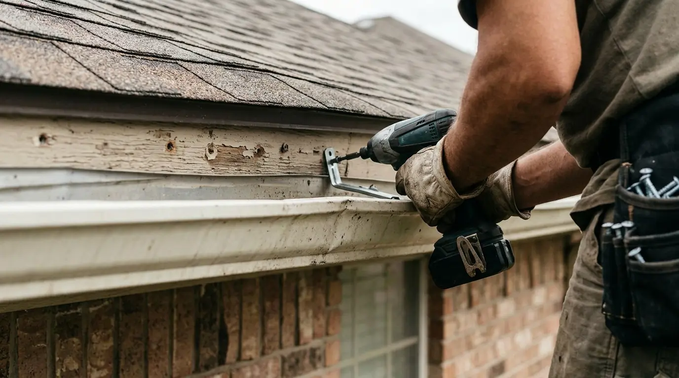 Close view of a gutter torn from the fascia after a windstorm in Dallas