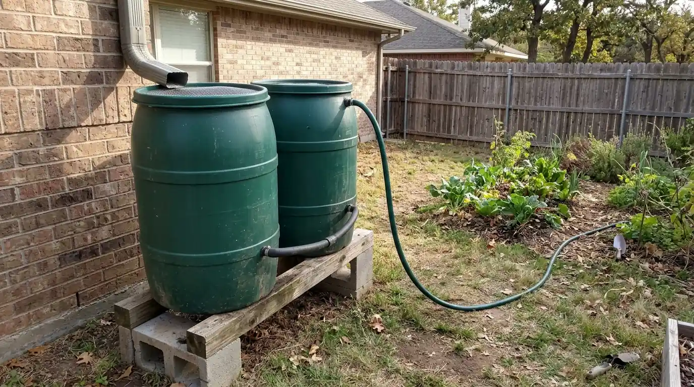 Two linked rain barrels with an overflow hose