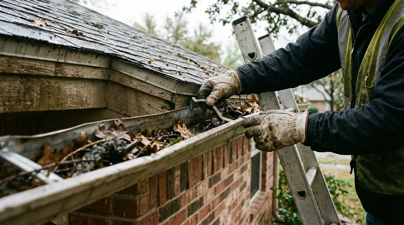 Close view of a technician photographing a gutter joint during an inspection