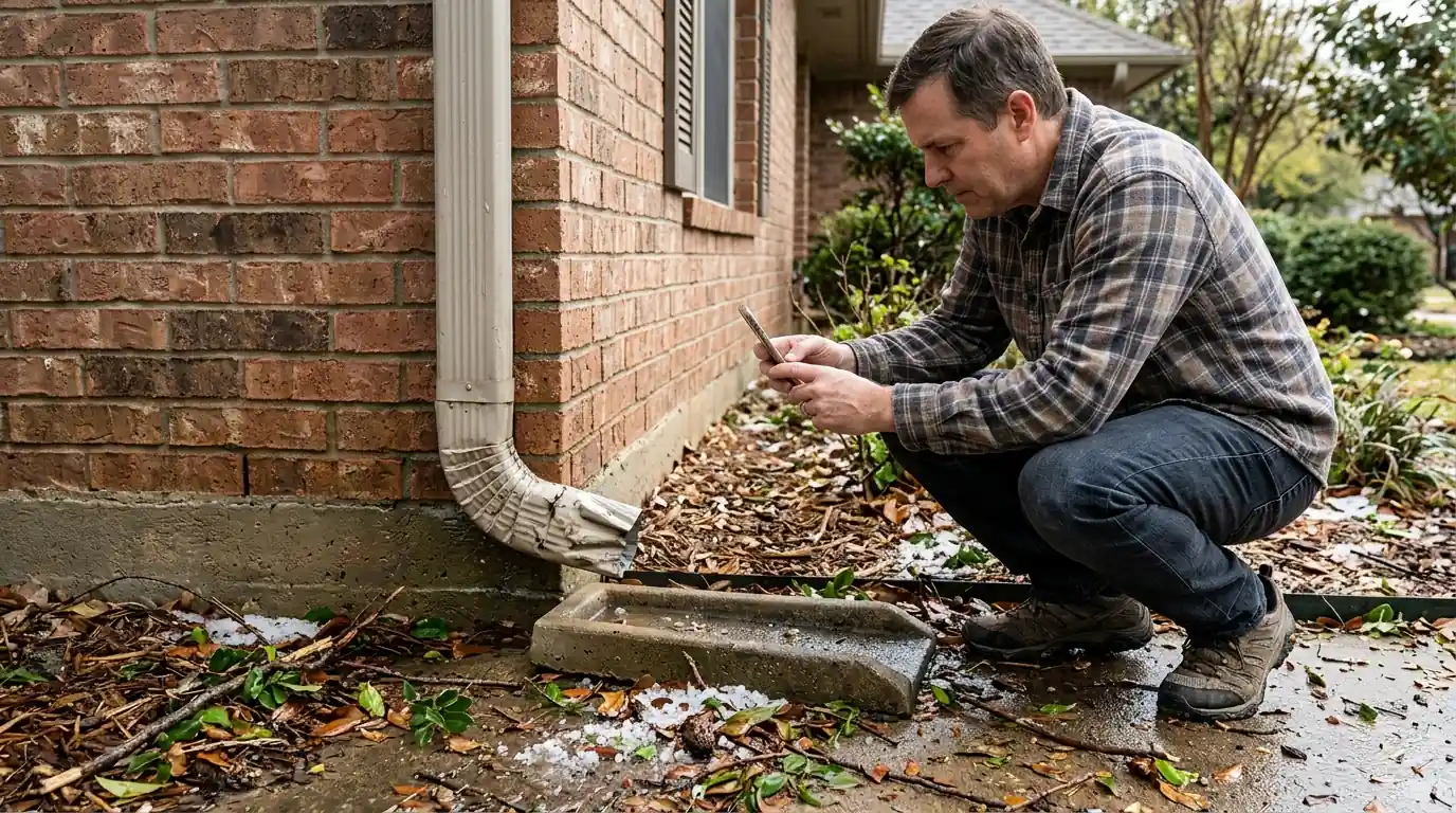 Homeowner photographing a crushed downspout elbow