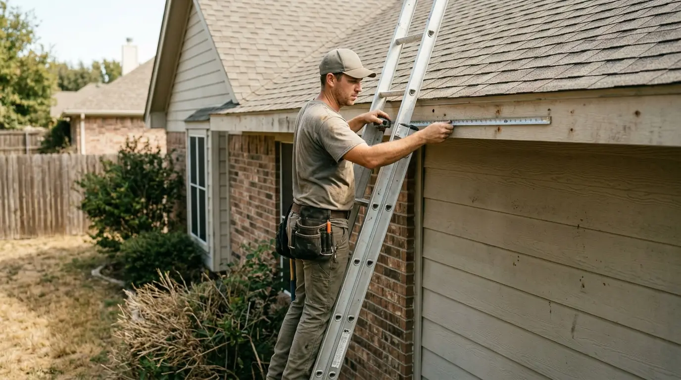 Installer measuring a fascia run before new gutters