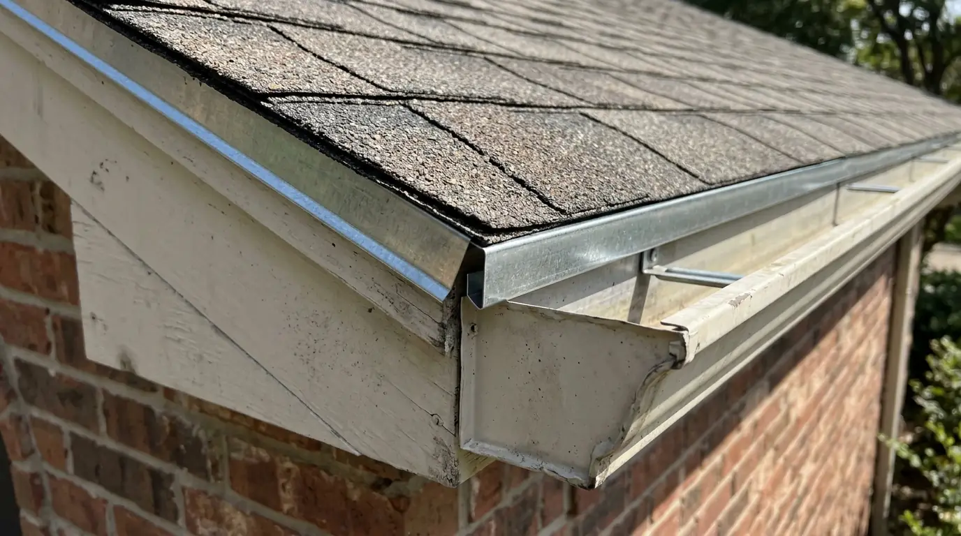 Close view of gutter apron slid under shingles into a gutter trough