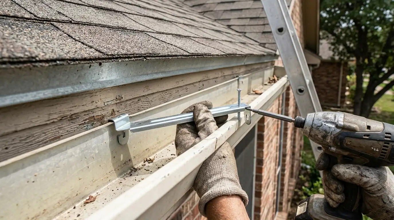 Close view of a gutter sagging between loose spike fasteners