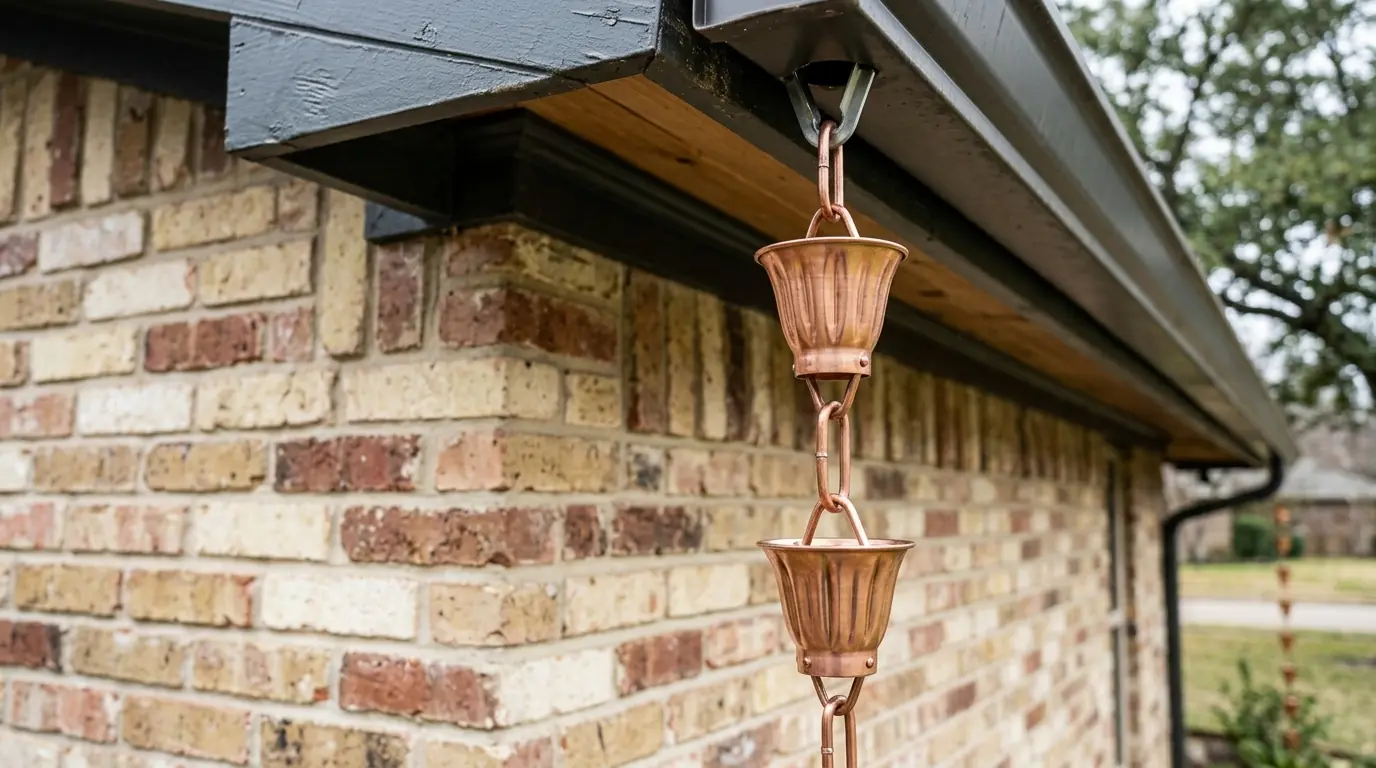 Close view of copper cup rain chain cups carrying water on a Dallas porch