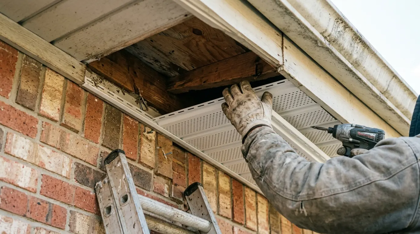 Close view of water-stained plywood soffit under a gutter on a Dallas home