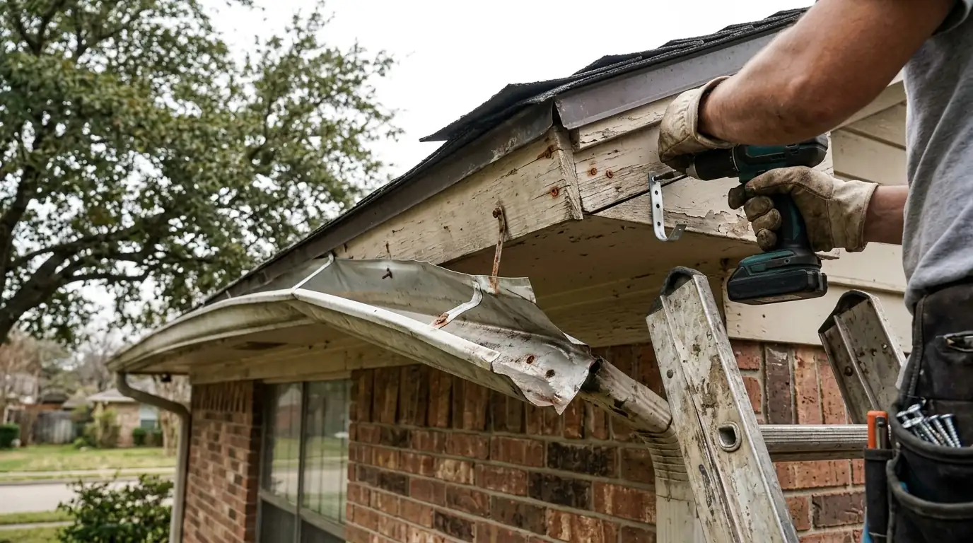 Crushed downspout elbow after a hailstorm in Dallas