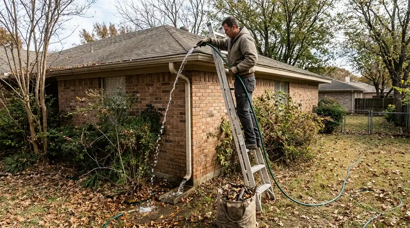 Technician flushing a downspout with a hose
