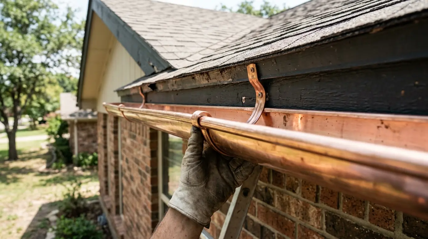 Round downspout and elbow on a traditional Dallas home