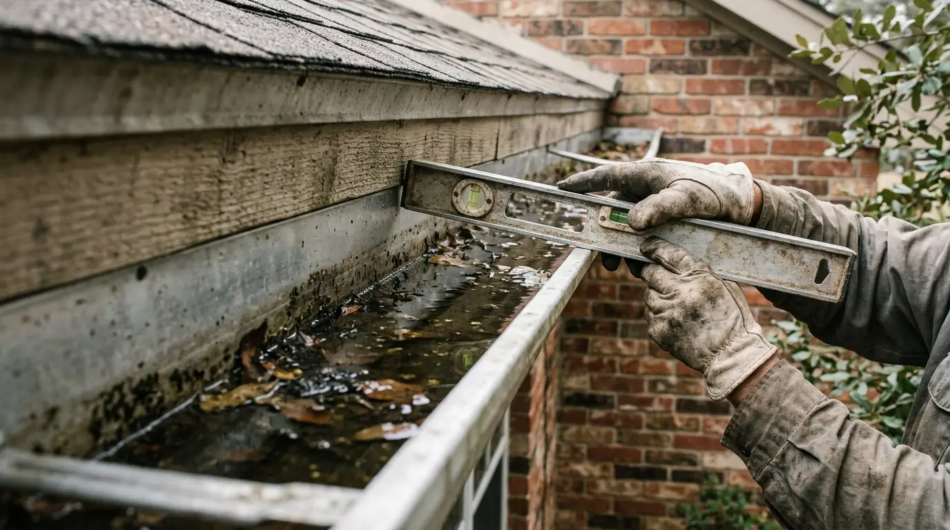 Close view of water standing in a flat gutter run after rain