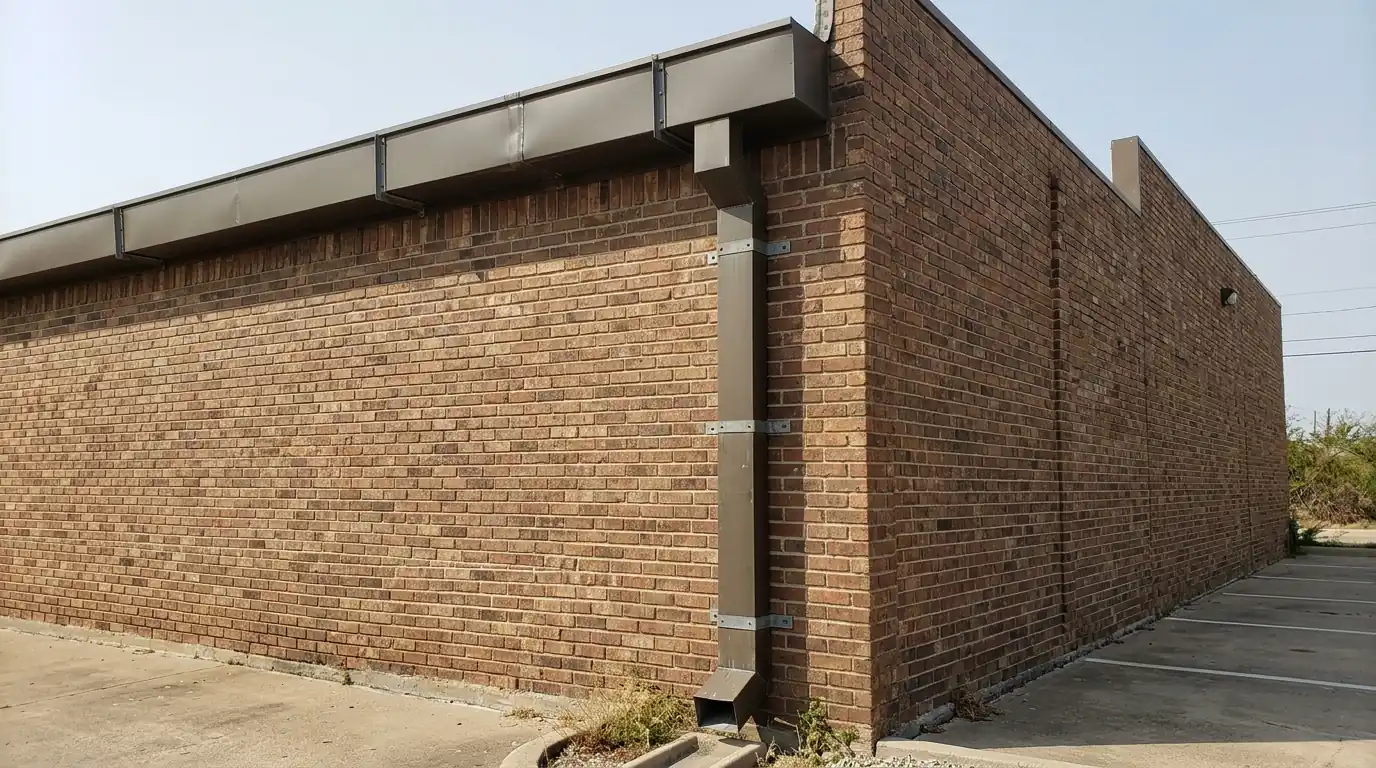 Commercial gutter cleaning on a flat roof edge in Dallas