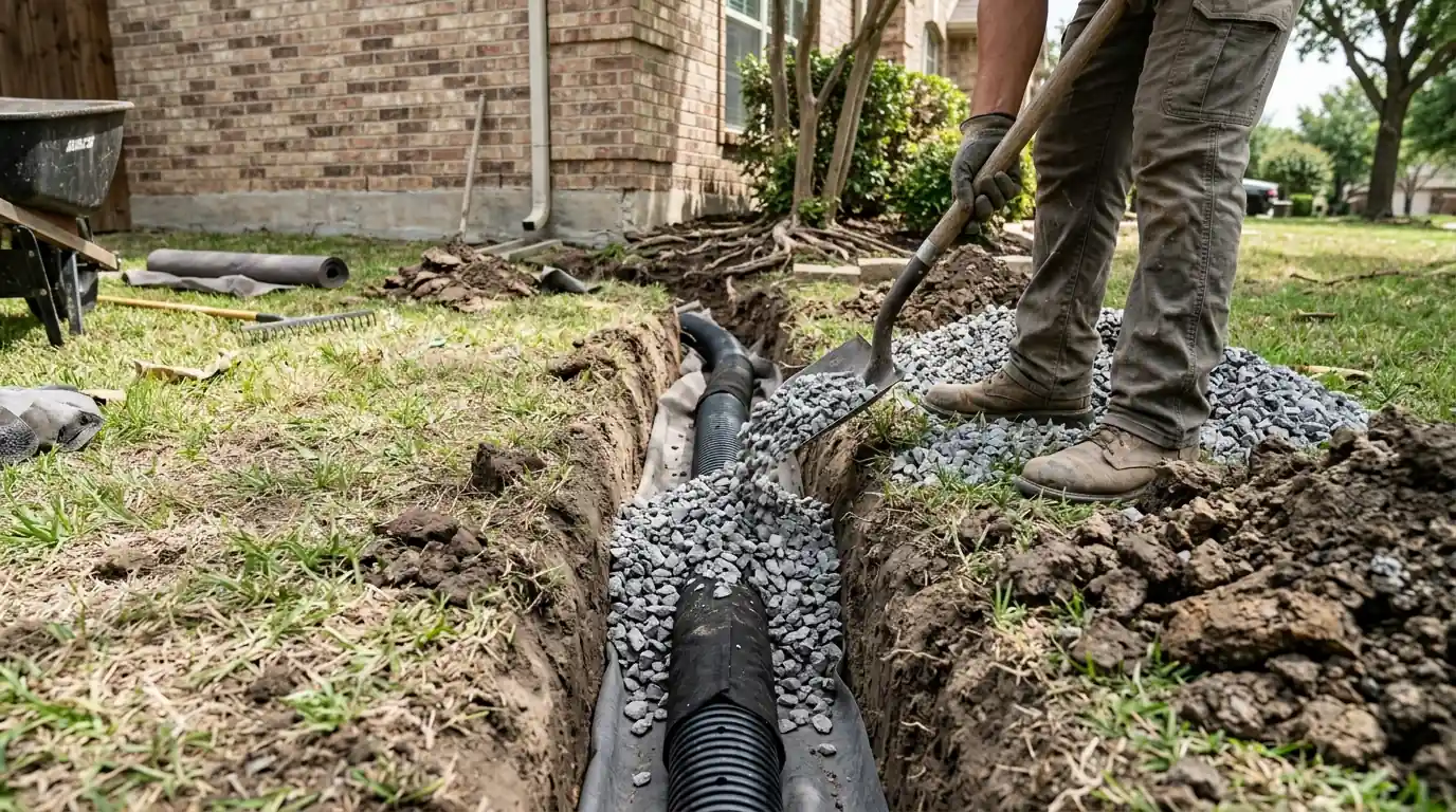 Close view of perforated drain pipe laid on gravel in a trench