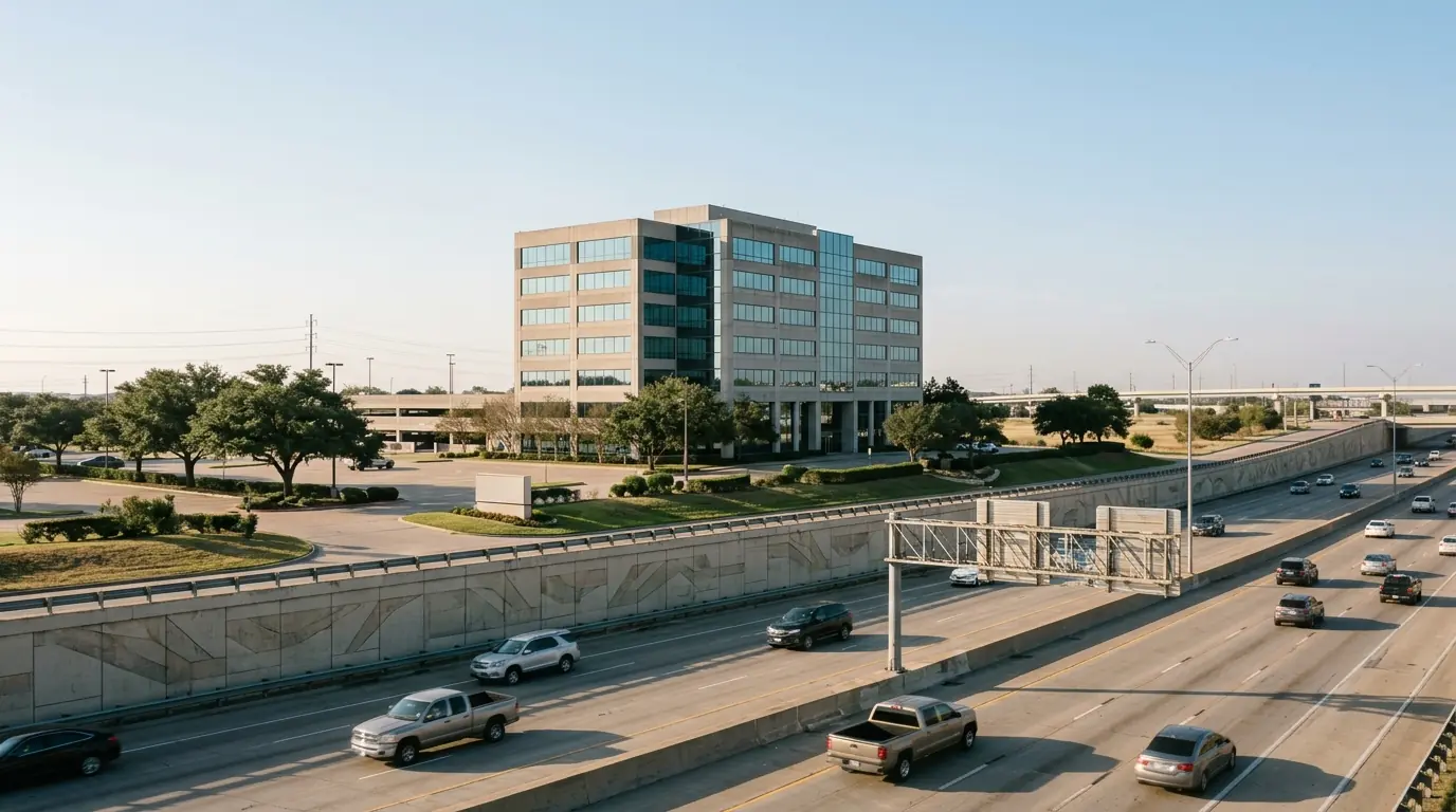 Mid-rise office building beside a Dallas expressway on a clear morning