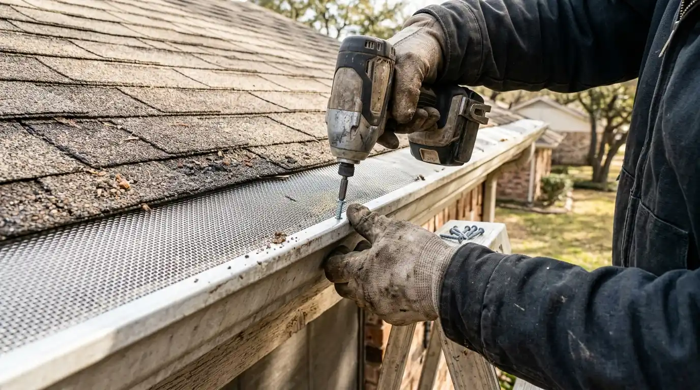 Aluminum gutter screen installed on a K-style gutter