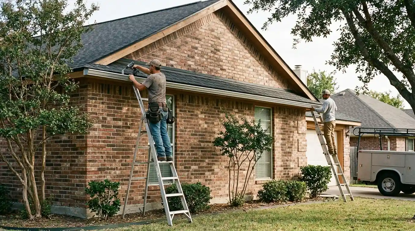 Two gutter installers on ladders hanging a long gutter run on a brick home