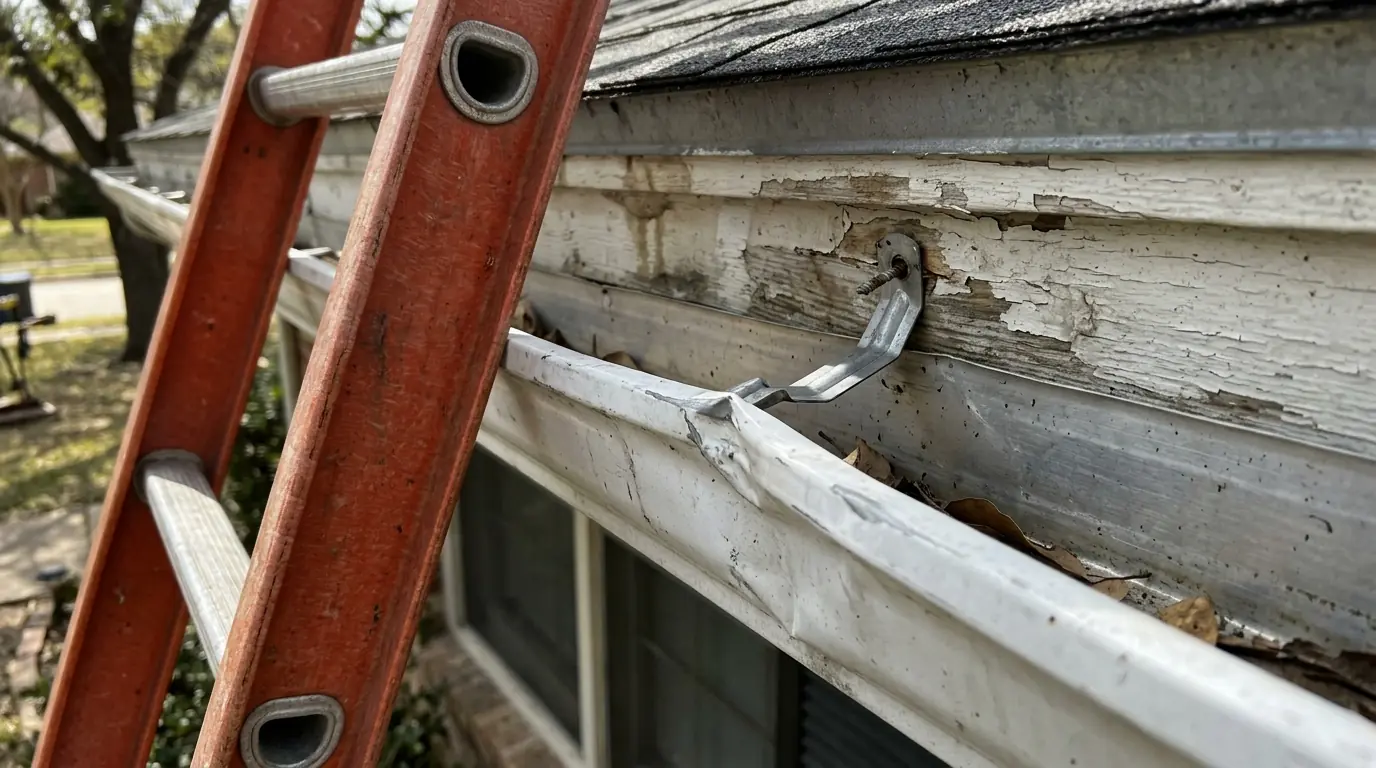 Gutters being rehung on new drip edge after a roof replacement in Dallas