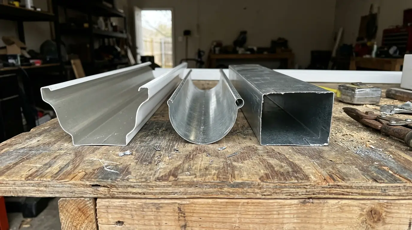K-style, half-round and box gutter profiles side by side on a workbench