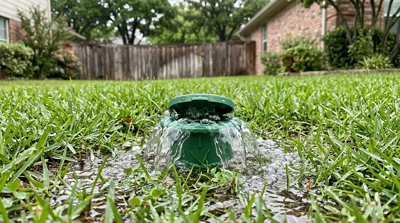 Pop-up drain emitter in a Dallas lawn releasing roof water after a storm