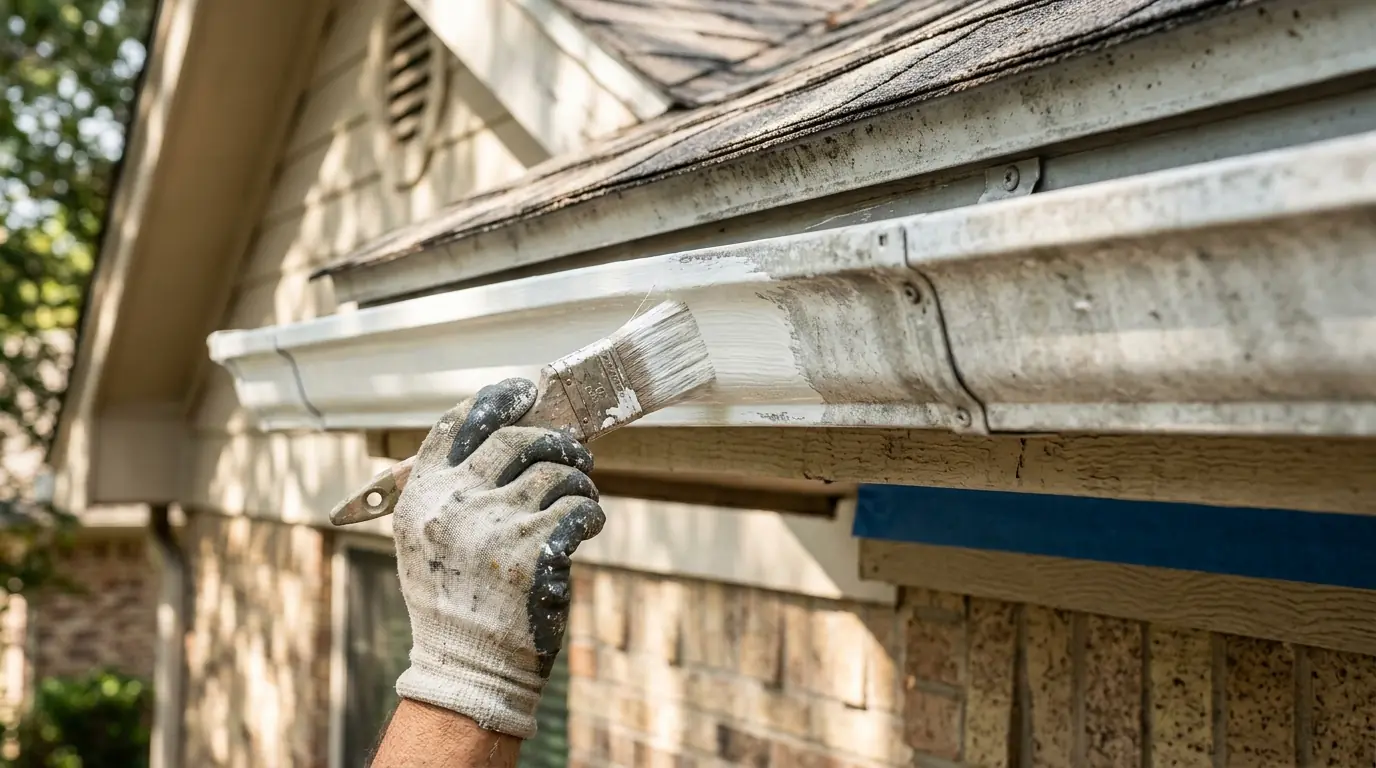 Close view of a chalky white aluminum gutter before cleaning and paint