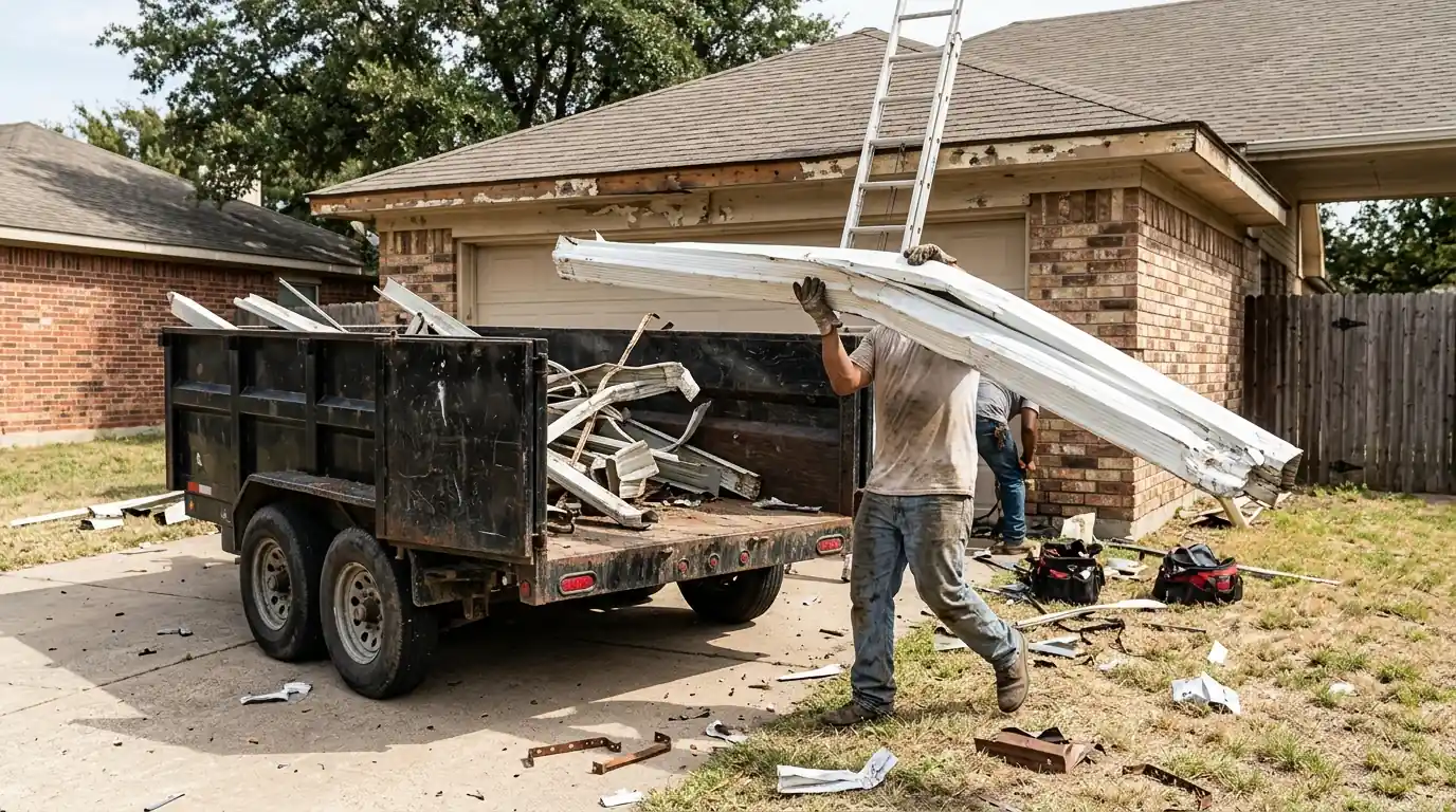 Close view of old dented sectional gutter coming off a Dallas house