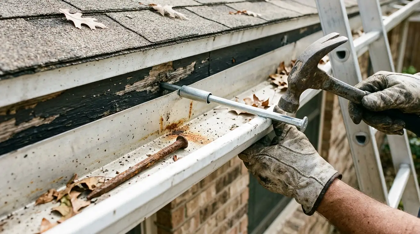 Hidden gutter hanger screwed into fascia inside a K-style gutter
