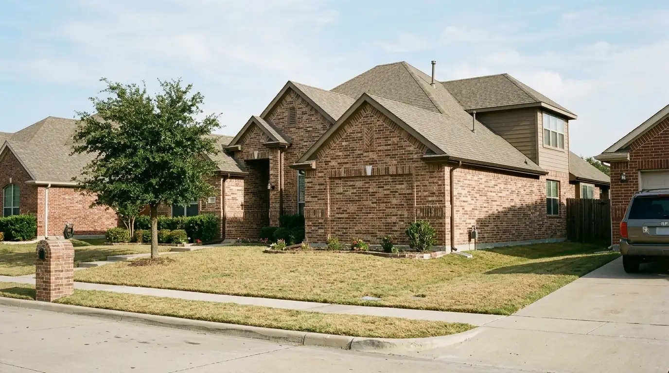 New gutters being installed after a roof replacement in Sachse, Texas