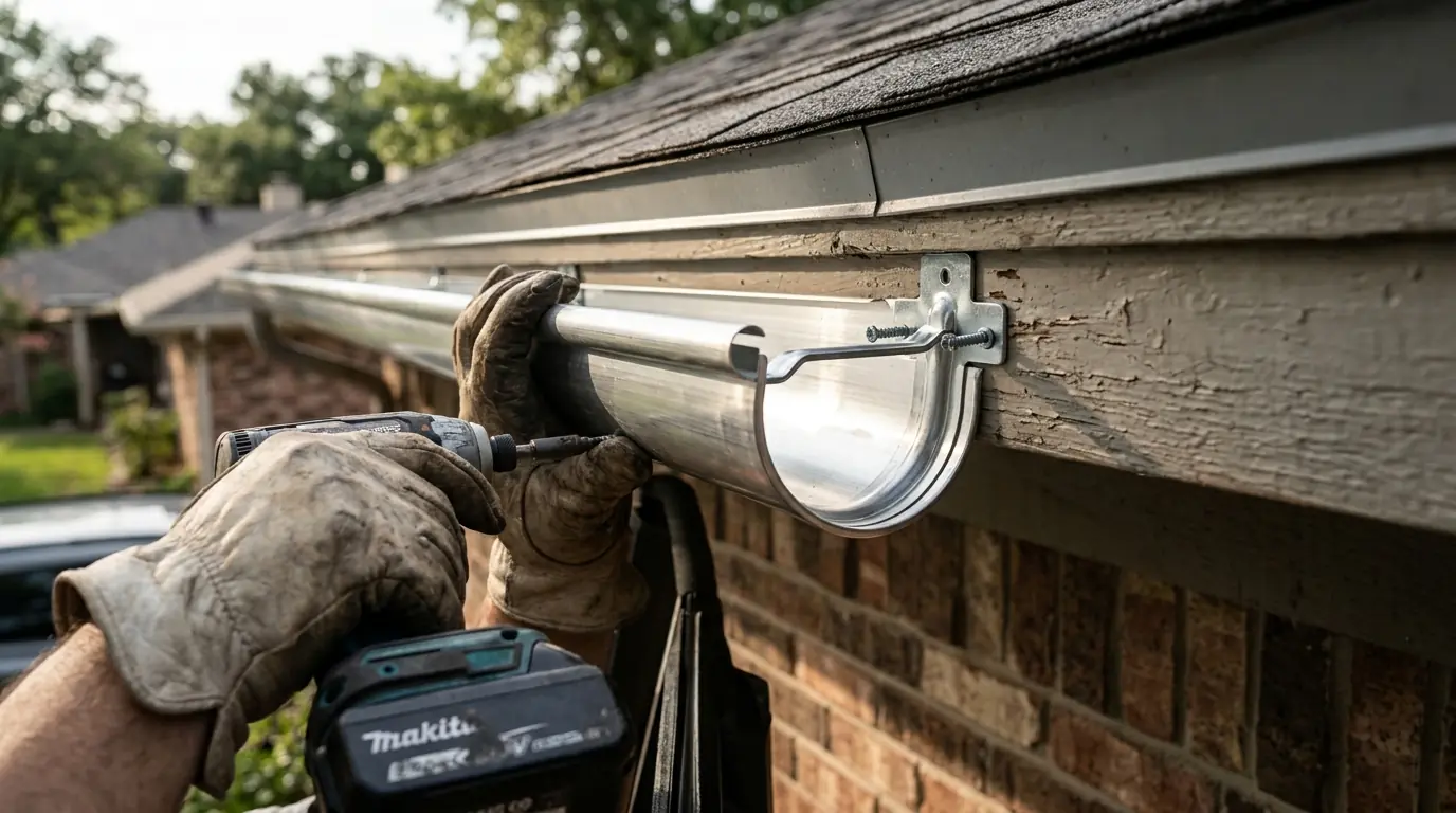 Close view of a half-round gutter bracket fastened to a fascia board