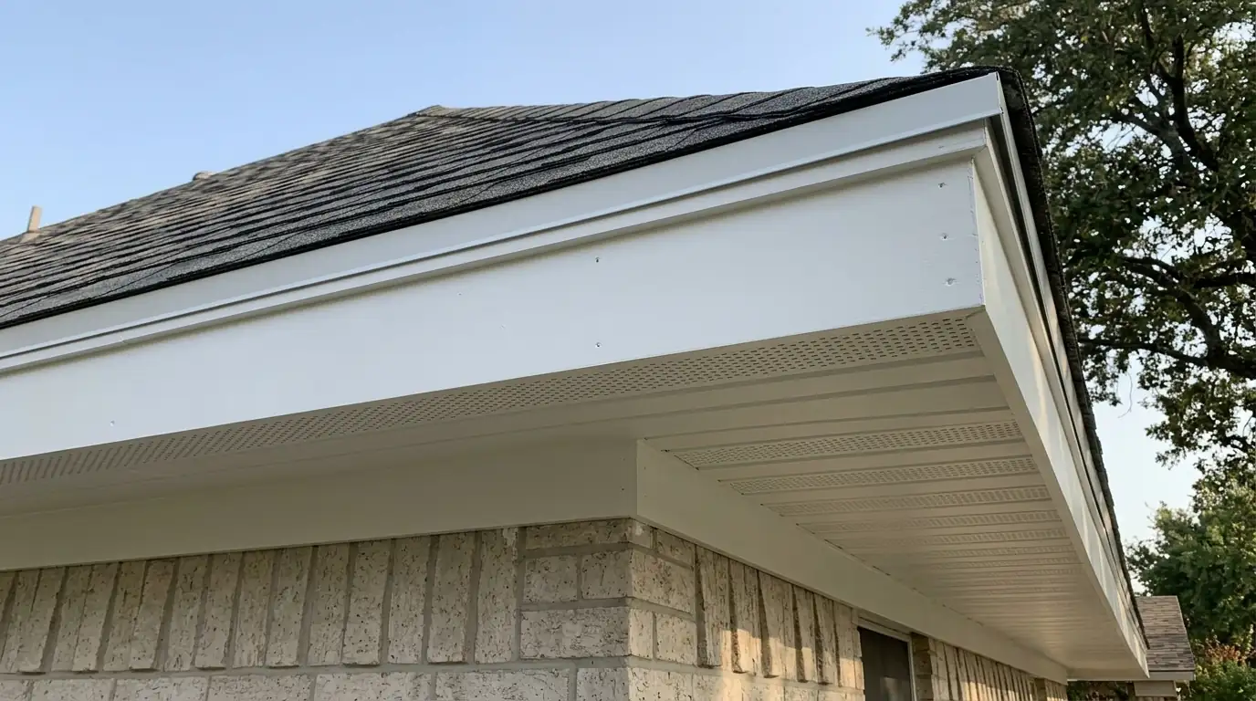 Freshly wrapped white fascia and vented soffit under a roof edge in Dallas