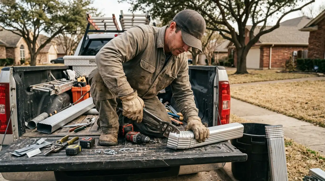 Installer crimping a downspout elbow by hand on a tailgate
