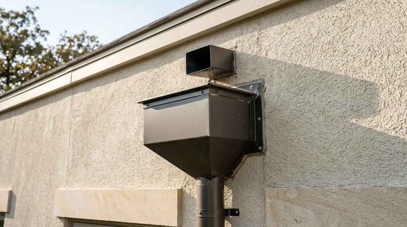 Close view of a through-wall scupper in a parapet on a flat Dallas roof