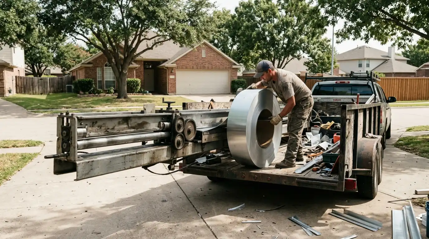 Installer forming new seamless gutter from coil on a trailer in a Dallas driveway
